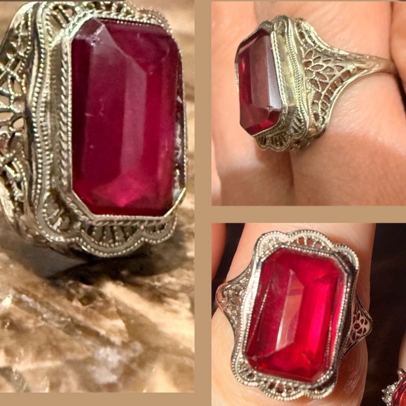 Art Deco Jewelry - Antique 14kt lace filigree white gold Ring with a synthetic ruby